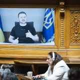 L'allocution du président ukrainien Volodymyr Zelensky a duré une dizaine de minutes.